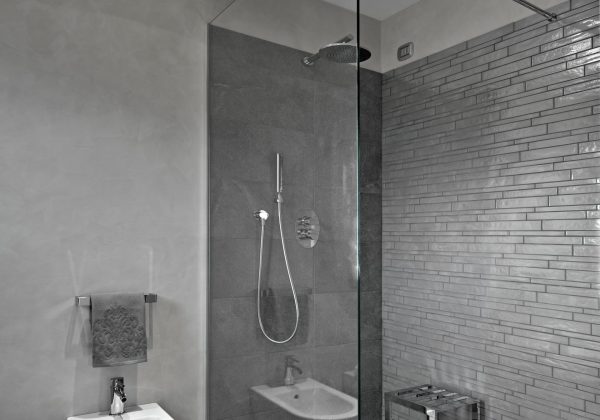 modern  bathroom interior with a glass shower box and the bidet in the foregorund